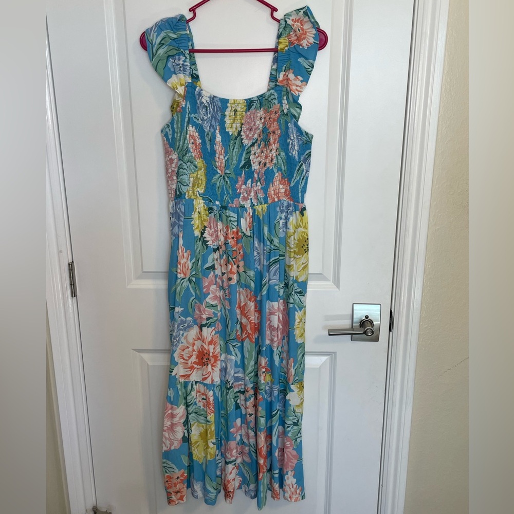 Loft- Bright Blue and Flowered, Flowy Midi Dress with Ruched Top, Ruffled Strap